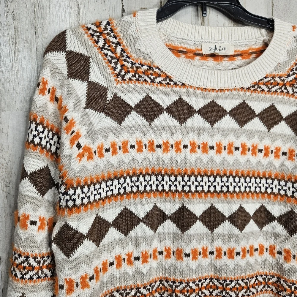 Style & Co Women's Fair Isle Pullover Sweater Brown Orange NWT Size Large Petite - Picture 2 of 11